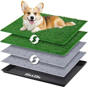 Dog Grass Pad with Tray - 35''x23'' Dog Litter Box with 2 Pack Hemmed Edge Artificial Grass Patch + 2 Washable Reusable Pee Pads, Indoor Outdoor Fake Gras Potty for Patio Balcony Apartment Use