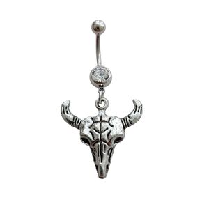 1pcs Bull’ Head Charm Belly Ring, Western style Belly Button Jewelry, Surgical Stainless Steel 14G Navel Barbell Ring with Dangle Pendant, Cowgirl Piercing Body Jewelry