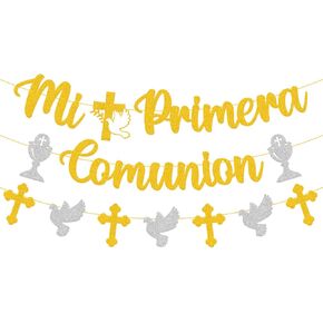 Mi Primera Comunion Banner My First Holy Compleion Decoration احتفال ديني Garland Glitter Gold Gold Spanish Decor