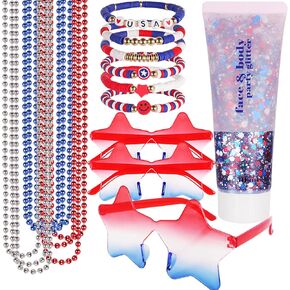 Go Ho Red White and Blue Face Body Glitter Gel,9 PCS Necklaces Beads Bulk,3 Pair Star Sunglasses and 6 PCS Handmade Jewelry Bracelets Set for USA Pride Patriotic Makeup,4th of July Outfits for Women
