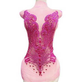 Large Bodice Applique Sequin Rhinestones Fine Appliques Handsewing Crystals and Beads for Dress Clothes Accessories 9.4X23.6inches (Silver)