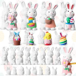 Zubebe 24 Pcs Easter Paint Your Own Bunny Statues Bulk Ready to Paint Ceramics Bunny Ceramics to Paint Bunnies Gifts Unpainted Plaster Bunny Figurines Easter Basket Stuffers Easter Party Favors