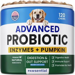 Advanced Dog Probiotics for Digestive Health & Enzymes - Diarrhea, Gas, Upset Stomach Relief & Season Allergy - Chews for Digestion - Prebiotics Fiber Supplement - Pet Probiotics for Dogs - 120 Chews