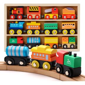 Sainsmart Jr. Train Wooden Train Set 12 PCS - Train Toys مع صندوق تخزين وقطارات مغناطيسية متوافقة مع جميع العلامات التجارية الرئيسية وهدية للأطفال الصغار والأولاد والبنات الذين تتراوح أعمارهم بين 3+
