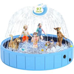 Foldable Dog Pool with Sprinkler, 97 in Extra Large Dog Swimming Pool, Outdoor Collapsible Pet Bathing Tub for Pets Dogs Cats and Kids (97" D x 12" H, Blue)