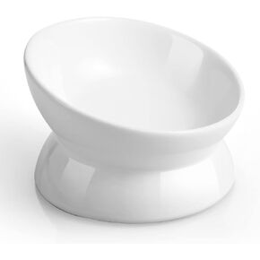 YINGFAN Ceramic Elevated Cat Bowls, 5oz Raised Cat Bowls for Indoor Cats, Tilted Food Bowl for Cats Whisker Friendly, Microwave & Dishwasher Safe (Light White)