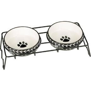 Housewares Ceramic Pet Bowl Set - Food Water Bowls for Cats, Small Dogs and Puppies with Sturdy Metal Stand - Set of 2 5in. Bowls, 12 oz Each