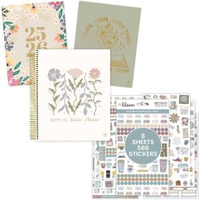 Bloom Daily Planners 2025-2026 حزمة Planner Planner وملصقات - مخطط أكاديمي ومنظم + حزمة ملصقات تحت عنوان المدرسة - مجموعة التخطيط لألوان باردة للمعلمين ، Homeschool
