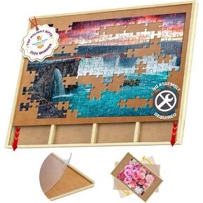 1000 Piece Wooden Jigsaw Puzzle Board - 4 Drawers, Patent Pending Design - Rotating Puzzle Table | 30" X 22" Jigsaw Puzzle Tables | Puzzles Cover & Lazy Susan| Portable Puzzles Tables for Adults