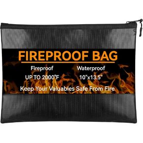 Fireproof Document Bag (10"x13.5" / 2000℉), Fire Proof Waterproof Money Bag with Zipper, Premium Fiberglass, Fire Safe Storage for Documents, Passports, Cash, Valuables (Black)