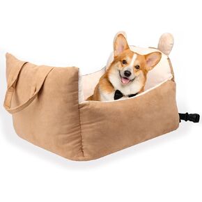 Happytails مقعد سيارة للحيوانات الأليفة للكلاب والقطط ، ومقعد السيارة القابل للغسل مع مقود أمان على مقطع ، وسرير نقل الحيوانات الأليفة ، والبني ، على شكل كرتون