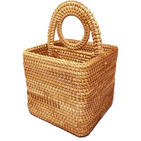 i-lan 2 Pack Rattan Round Condiment Carrier Cooking Utensil Caddy Holder- 4-Compartment Handmade Flatware Organizer Silverware Caddy for Tabletop,Parties, Cooking Utensil Condiment Organizer