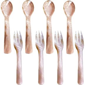 i-lan 8 Pack Pink Mother of Pearl Spoon Fork with Natural Patten,5 Inch Stunning MOP Caviar Spoon with Beautiful Shine, Finely Handmade Decorative Spoon Serving Set for Egg,Icecream,Desert,Moisturizer