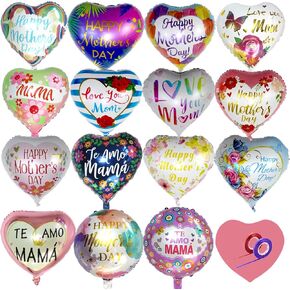 30 Pcs Happy Mother's Day Balloons Party Decorations, 18 Inch Heart Love You Mom Balloons, Colorful Mylar Foil Balloon with Ribbon for Mother Grandmother Birthday Supplies, Meaningful Mother's Day!