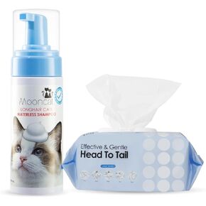 Mooncat Waterless Grooming Kit for Longhair Cats & Sensitive Pets – No Rinse Foam Shampoo (5oz) + Unscented Cat & Dog Wipes (4packs/400counts) | Paraben-Free, Licking Safe