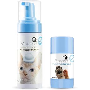 Mooncat Pet Grooming & Care Bundle – Waterless Cat Shampoo for Sphynx Cats (5oz) + Dog Paw Balm for Dry Nose & Paws | Licking Safe, Paraben-Free No-Rinse Foam Bath for Cats + Moisturizing Paw Protecto