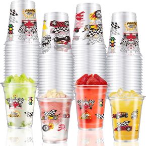 50 PCS سباق سيارة يمكن التخلص منها ، و 12 أونصة شرب الكؤوس السباق سيارة أكواب بلاستيكية صافية للأولاد اثنين من عيد ميلاد سريع الأسود