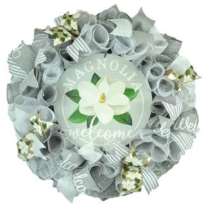 Neutral Magnolia Welcome Wreath - Summer Wreaths for Front Door White - Grey Spring Decorations - Wedding Gift - Everyday Door Decoration