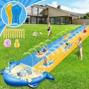 VEEST 30ft شريحة مائية طويلة طويلة للأطفال البالغين ، زلة ماء مزدوجة في العشب العملاقة مع لوحين جسمتين ، ألعاب شريحة المياه الصيفية مع وسادة تحطم في الهواء الطلق في الهواء الطلق