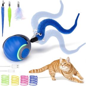 AIERSA Cat Toys for Bored Indoor Adult Cats, Speed Tail Cat Toy, Interactive Smart Cat Toys Balls, Automatic Moving Cat Toys for Indoor Cats, Cat Self Play Cat Toys with 3 Tails and 4 Springs (Blue)