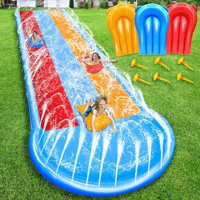 25 Ft Extra Long n Width Triple Slip Water Slide with 3-Way Sprinklers, Backyard Lawn Water Slides and 3 Bodyboards with Handle, Summer Outdoor Water Toys for Kids Adults Beach Swimming Pool Party