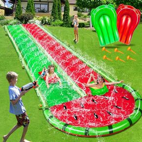 [ 3 Sided Safe Fence ] Watermelon Lawn Water Slides with 2 Bodyboards for Kids Adults, Heavy Duty Water Toys Sprinkler 2 Race Lane Outdoor Summer Beach Swimming Pool Water Game Party, 20 x 5.6 ft