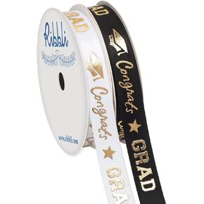 Ribbli 2 Rolls Graduation Ribbon,Congrats Grad Gold Satin Ribbon Use for Gift Wrapping,Graduation Party Decoration,3/8 Inches Total 20 Yards,White/Black