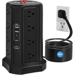Power Strip Tower Surge Protector 16 Outlets and 4 USB Ports (PD 20W), 10FT Long Extension Cord with Flat Plug 1800J Overload Protection for Home Office DormRoom Essentials