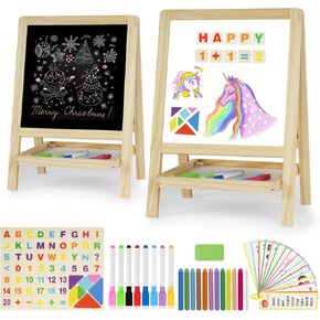 Kids Tabletop Double-Sided Wooden Art Easel - Chalkboard & Whiteboard Painting Board for Toddlers, Dry-Erase Classroom Desk Easel with Chalk, Markers, Eraser, Magnetic Letters/Numbers & Flashcards