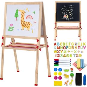 Foldable Kids Painting Easel Double Sided Chalkboard & Magnetic Whiteboard Wooden Art Easel Adjustable Height with Accessories Gift for Toddlers and Kids Ages 3-8