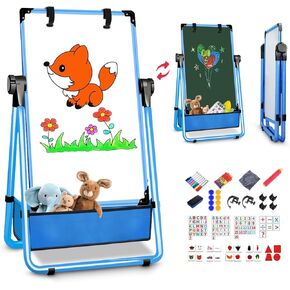 Kids Easel Double-Sided Art Easel with Paper Clip Height Adjustable Whiteboard & Chalkboard 360°Rotating Standing Art Easel for Kids Gift for Boys and Girls Toys for Ages 2-4