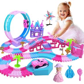 178 PCS Track Toy, Pink Racing Tracks Toys for 3 4 5 6 Year Old Girls, Flexible Tracks Car Magic Bendable Race Track Princess Toys with Light & Music for Toddlers, Kids and Girl Xmas Birthdays Gifts