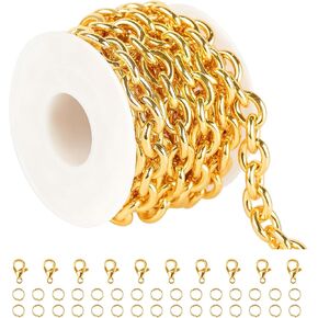 UMAOKANG Large Paperclip Chain for Jewelry Making, Gold Plated Stainless Steel Paper Clip Link Chain Roll with Jump Rings and Lobster Clasps