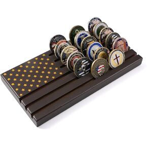 PiaoHao American Flag 6 Row Challenge Coin Holder Military Coin Display Stand, Holds 30-36 Coins Natural Solid Wood