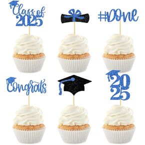 Graduation Decorations 2025-24Pcs Blue Glitter Graduation Cupcake Toppers for Class of 2025 Party Decorations