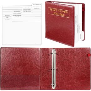 محفظة التخطيط العقاري محفظة Binder Leather 11 * 11.5inch Entate Planning INDEX Dividers Estate Organizer مع ملصقات 3 صندسة من الجلد للسن (الأحمر الداكن)