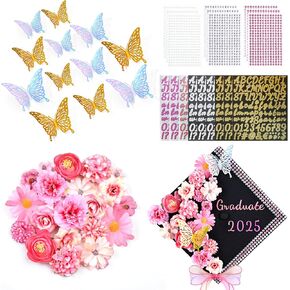 Graduation Cap Decorations Accessory Kit, Cap Decorations for Graduation Include Assorted Flowers 3D Butterfly Stickers Glitter Alphabet Letter Number Stickers, DIY Grad Cap Kit 2025, Pink