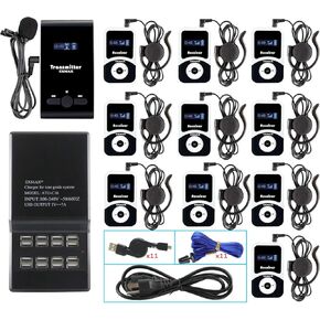 EXMAX® ATG-100T 195-230MHz Wireless Tour Guide System Simultaneous Translation Interpreting Equipment for Church Translator in Your Ear Translation Devices 1 Transmitter 15 Receivers + Charge Station