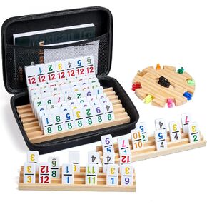 Mexican Train Double 12 Dominoes Set with 4 Wooden Trays/Racks in Portable Carrying Case Colorful 91 Tiles & 9 Trains Board Game for Family Game Night
