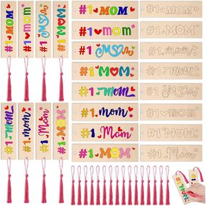 jutom 36 pcs ملون إشارة مرجعية لأمك للأطفال DIY DIY عيد الأم الحرف الحرفية الخشبية مرجعية فارغة مع شرابة معلقة للهدايا عيد ميلاد الحرف اليدوية 4 تصاميم