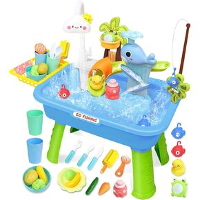 2025 منسوب المياه المطورة للأطفال الصغار ، تلعب Mini Play مع أرجل قابلة للفصل ، لعبة صيد ، لعبة Kids Kitchen Playset Sink For Girl Boy 3 4 5 6 7 8 (Blue)