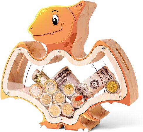 Wooden Dinosaur Piggy Bank for Kids Boys Money Coin Bank, Unbreakable Piggy Bank DIY Personalized Kids Safe Bank Money Box with Stickers Birthday Baptism Gifts for Boys Toddler Adults in Saudi Arabia