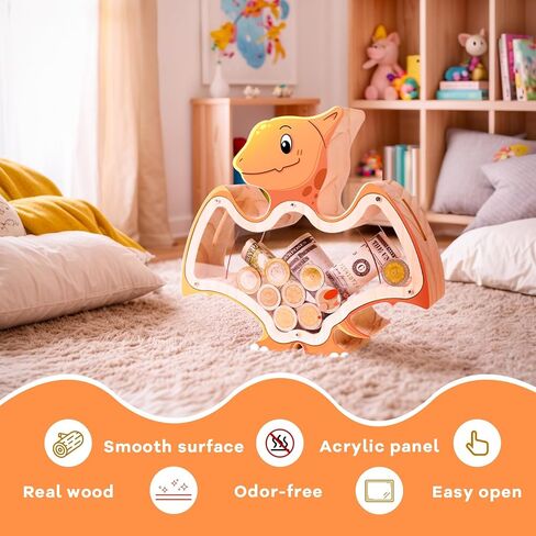 Wooden Dinosaur Piggy Bank for Kids Boys Money Coin Bank, Unbreakable Piggy Bank DIY Personalized Kids Safe Bank Money Box with Stickers Birthday Baptism Gifts for Boys Toddler Adults in Saudi Arabia