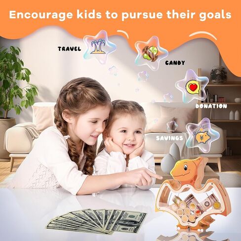 Wooden Dinosaur Piggy Bank for Kids Boys Money Coin Bank, Unbreakable Piggy Bank DIY Personalized Kids Safe Bank Money Box with Stickers Birthday Baptism Gifts for Boys Toddler Adults in Saudi Arabia