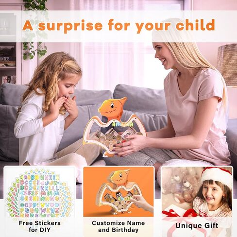 Wooden Dinosaur Piggy Bank for Kids Boys Money Coin Bank, Unbreakable Piggy Bank DIY Personalized Kids Safe Bank Money Box with Stickers Birthday Baptism Gifts for Boys Toddler Adults in Saudi Arabia