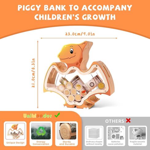 Wooden Dinosaur Piggy Bank for Kids Boys Money Coin Bank, Unbreakable Piggy Bank DIY Personalized Kids Safe Bank Money Box with Stickers Birthday Baptism Gifts for Boys Toddler Adults in Saudi Arabia