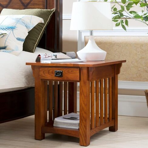 Leick Home 8207 Mission Impeccable End Table with Drawer, Made with Solid Wood, Side Table for Living Room, Bedroom, Medium Oak Finish, Russet in Saudi Arabia