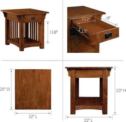 Leick Home 8207 Mission Impeccable End Table with Drawer, Made with Solid Wood, Side Table for Living Room, Bedroom, Medium Oak Finish, Russet in Saudi Arabia