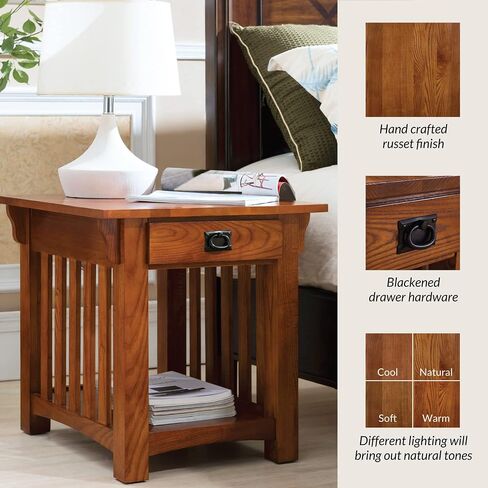 Leick Home 8207 Mission Impeccable End Table with Drawer, Made with Solid Wood, Side Table for Living Room, Bedroom, Medium Oak Finish, Russet in Saudi Arabia