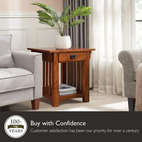 Leick Home 8207 Mission Impeccable End Table with Drawer, Made with Solid Wood, Side Table for Living Room, Bedroom, Medium Oak Finish, Russet in Saudi Arabia